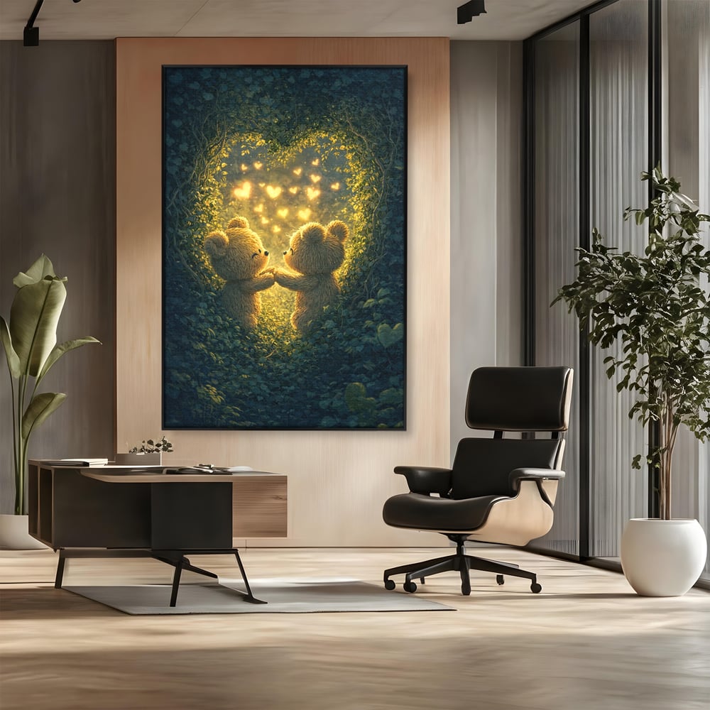 Tablou canvas cu doi ursuleti pufosi in padure, in rama de aluminiu negru, pe perete intr-un birou
